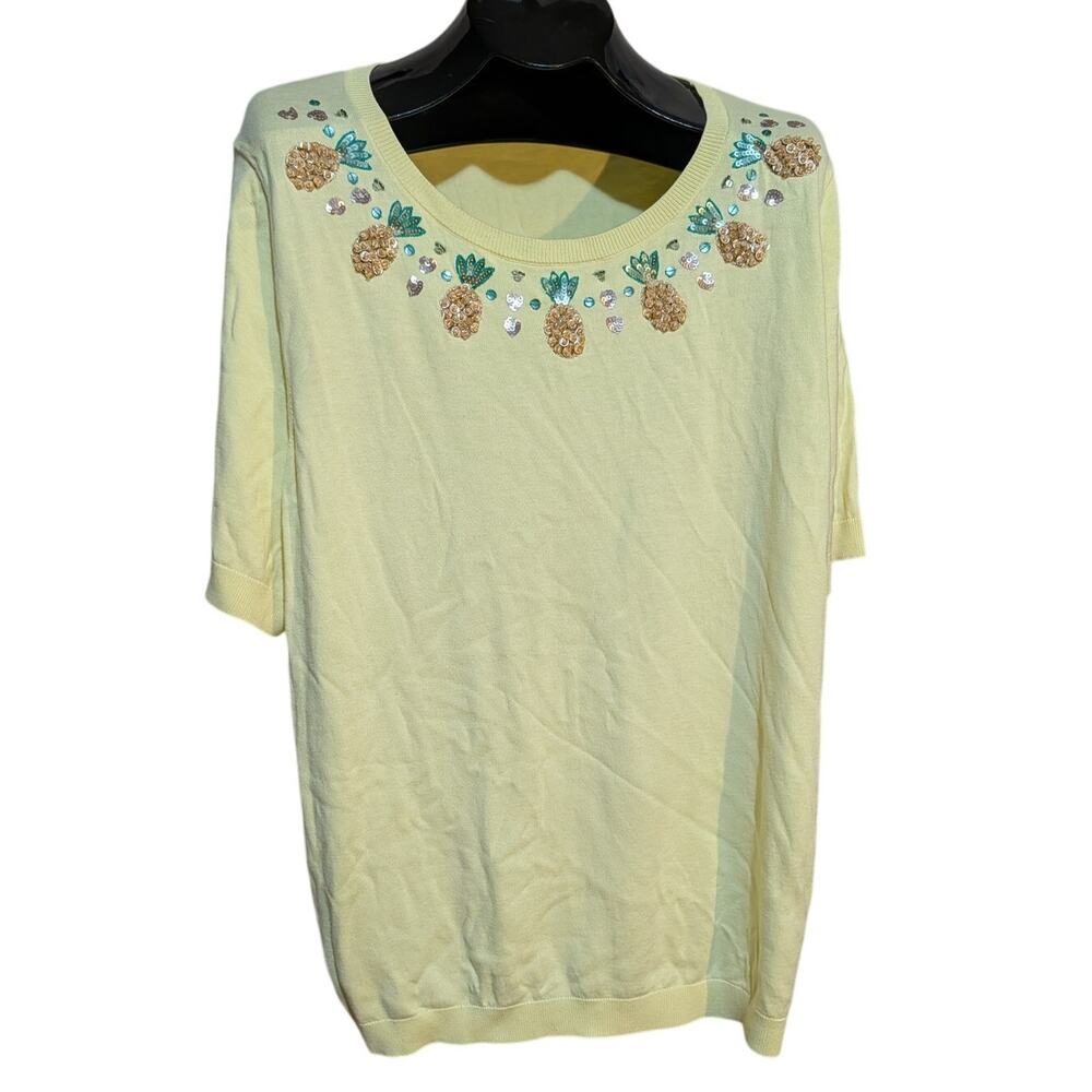 Talbots 3X Yellow Pineapple Sequin Round Neck Lightweight Sweater